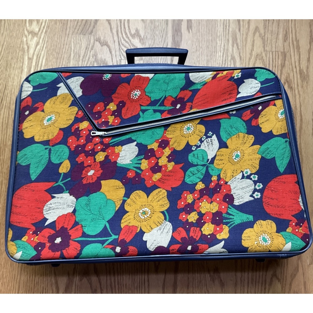 Vintage 70s Floral Suitcase Blue Mod Flower Power Retro Luggage Carry On‎ 21''